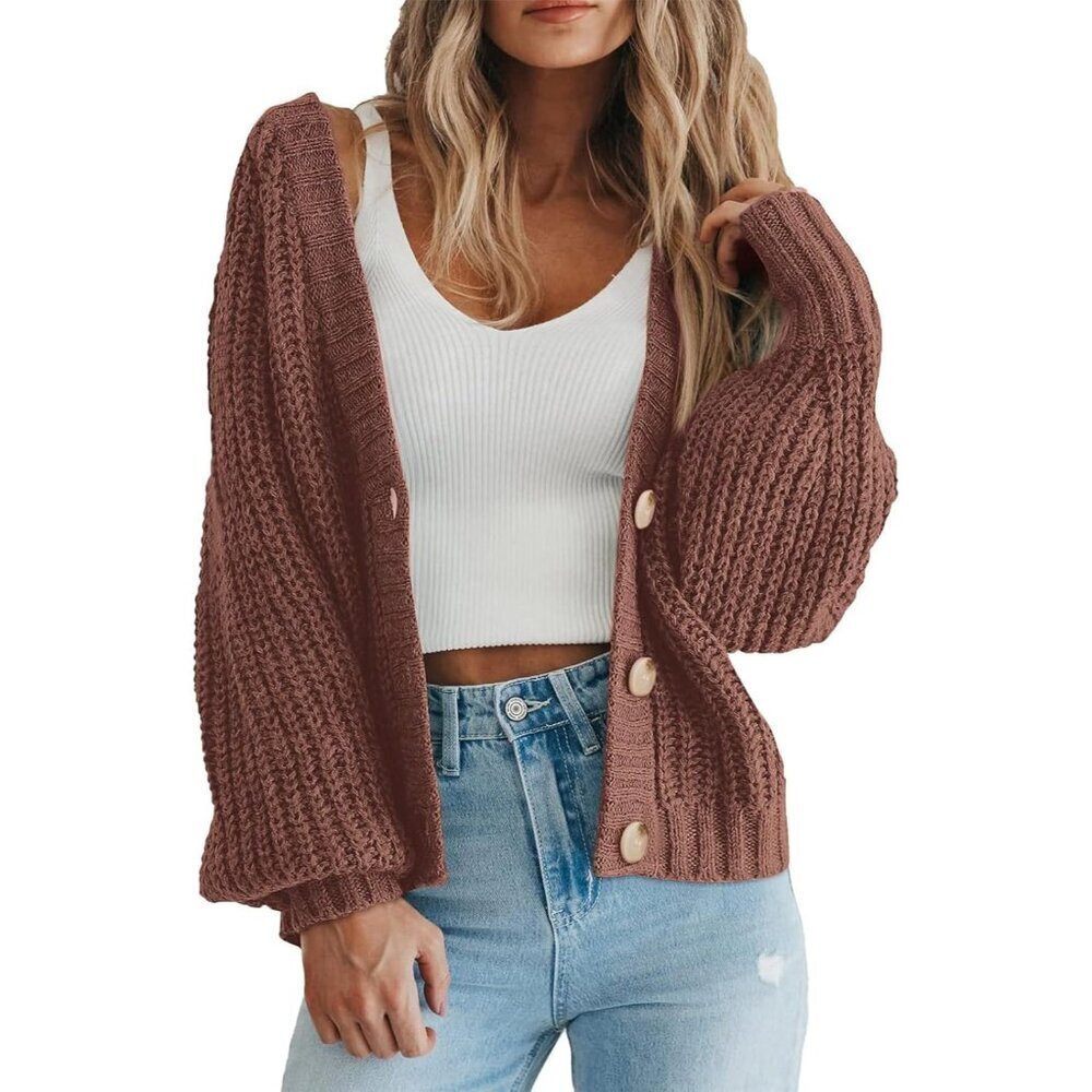 Women's Chunky Knit Cardigan Open Front Long Sleeve Button Loose